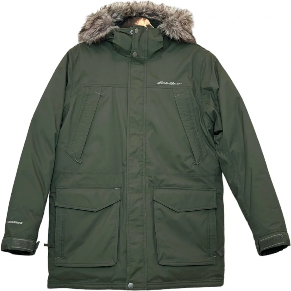 Eddie Bauer Men’s Superior Down Parka Jacket Large Army Green w Faux Fur Trim - Picture 3 of 17